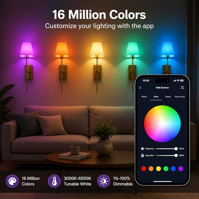 Battery Operated Wall Sconces Set of 2, Smart Rechargeable Wireless Wall Lights with Alexa, Apple Home & Google, RGB Dimmable LED Wall Sconce, 66H Battery Life