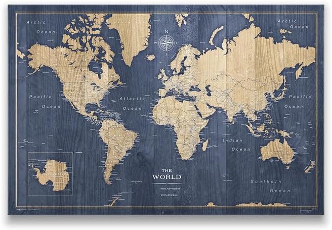 Conquest Maps World Travel Map with Pins Deep-Sea Drift Style Push Pin Travel Map Cork Board, Track Your Travels w/a Handmade Unique Canvas Pinable Map (48" x 32")