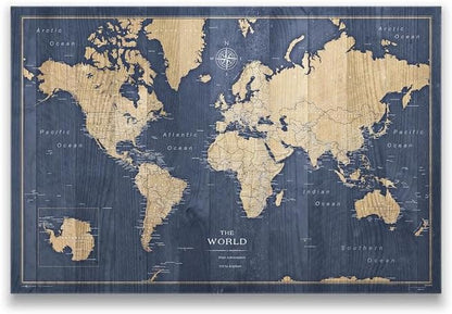 Conquest Maps World Travel Map with Pins Deep-Sea Drift Style Push Pin Travel Map Cork Board, Track Your Travels w/a Handmade Unique Canvas Pinable Map (48" x 32")