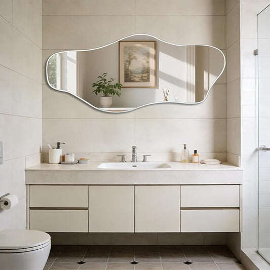 Irregular Frameless Mirror, 54.5"x24" Large Asymmetrical Tempered Glass Mirror, Modern Silver Organic Wall Mirrors for Living Room Bedroom Hallway Entryway, Horizontal or Vertical Hanging