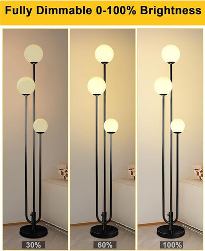 63IN 3-Light Dimmable Floor Lamp, Unique Black Tall Standing Lamps with 3000K Bulbs for Reading, Mid Century Modern Floor Lamp with 5Lbs Heavy Base for Living Room Bedroom Office