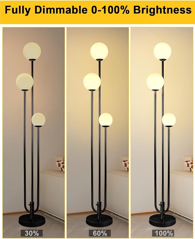 Lightdot 63IN Black Floor Lamp Dimmable with Mid Century Standing Lamps, 3000K Warm White Bulbs Included, Modern Globe Floor Lamp with 5Lbs Heavy Base for Living Room/Bedroom/Sofa Beside/Corner Decor