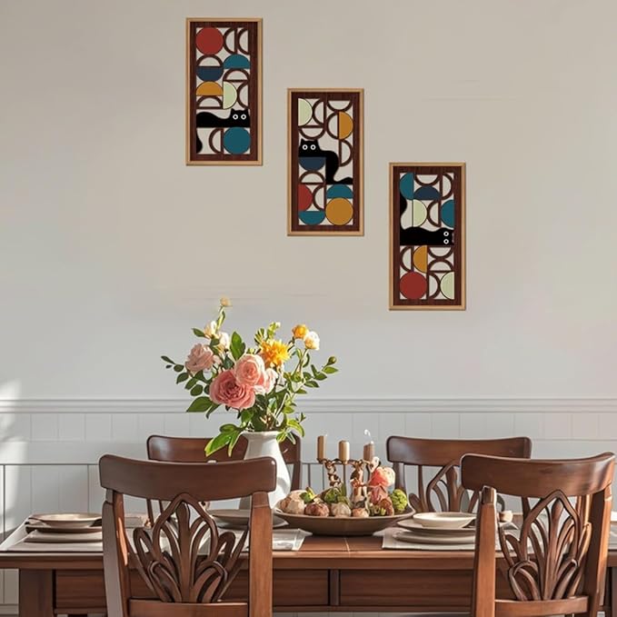 IARTTOP Mid Century Modern Cat Wall Art Framed Set of 3 Boho Abstract Geometric Wood Decor Black Cat Hanging Art for Living Room Bedroom Office Cat Lover Gifts 8x16 Inch