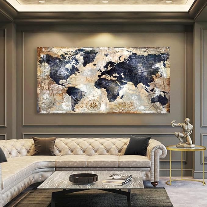 Framed Vintage World Map Canvas Wall Art Navy Blue and Tan Rustic Distressed Style Large Horizontal Print for living Room Bedroom Dining Office Home Artwork Size 36 x 70 in
