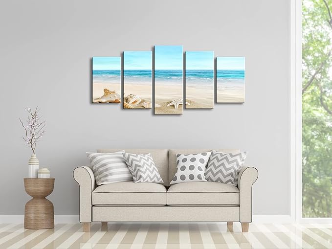 Pyradecor Seashell 5 panels Seascape Canvas Prints Landscape Pictures Paintings Modern Stretched Canvas Wall Art Sea Beach Pictures Artwork for Home Decor