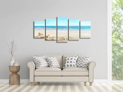Pyradecor Seashell 5 panels Seascape Canvas Prints Landscape Pictures Paintings Modern Stretched Canvas Wall Art Sea Beach Pictures Artwork for Home Decor