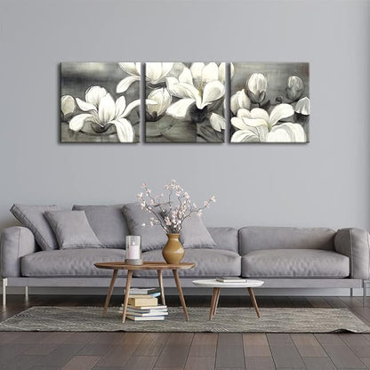 Wieco Art Magnolia Flowers Canvas Prints Wall Art 3 pcs White and Grey Floral Pictures Paintings Ready to Hang for Living Room Bedroom Home Decorations Modern Stretched and Framed Grace Giclee