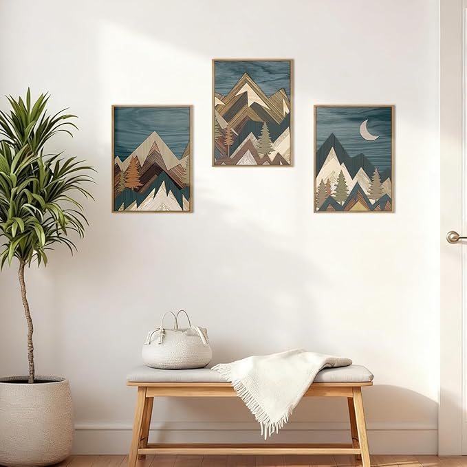 BINCUE Boho Mountain Wall Art Framed Landscape Wall Decor Modern Nature Artwork Mountains Wall Pictures Moon Art Landscape Wall Paintings Rustic Prints for Farmhouse Bedroom Living Room Office 12x16 Inch Set of 3