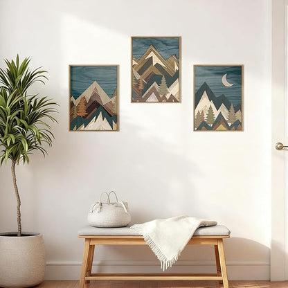 BINCUE Boho Mountain Wall Art Framed Landscape Wall Decor Modern Nature Artwork Mountains Wall Pictures Moon Art Landscape Wall Paintings Rustic Prints for Farmhouse Bedroom Living Room Office 12x16 Inch Set of 3