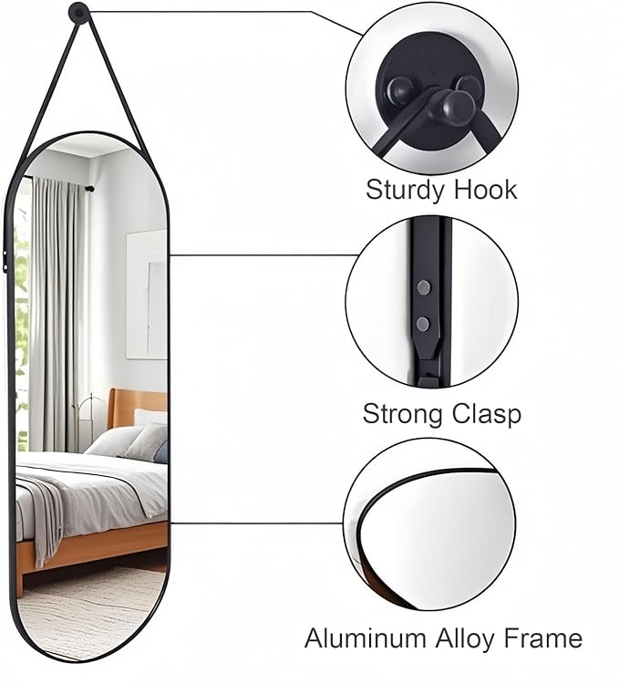 Dewfig 16"x48" Oval Full Length Mirror with Leather Strap Hanging Mirror with Aluminum Frame, Oval Wall-Mounted Mirrors for Living Room Bedroom Entryway Décor, Black