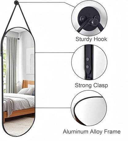 Dewfig 16"x48" Oval Full Length Mirror with Leather Strap Hanging Mirror with Aluminum Frame, Oval Wall-Mounted Mirrors for Living Room Bedroom Entryway Décor, Black
