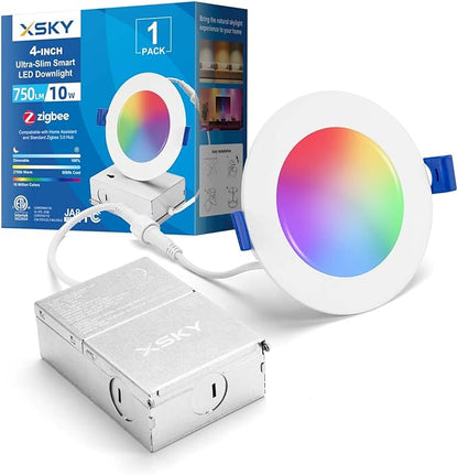 Xsky 4 Inch Smart Canless Recessed Lighting, 1 Pack, Zigbee 3.0 RGB+CCT LED Downlight, 750LM, Compatible with Alexa, Home Assistant, and Zigbee 3.0 Hubs
