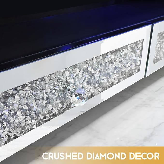 Silver Mirrored LED TV Stand with Crushed Diamond Drawers, Media Console Table with RGB LED Lights, Entertainment Center for TVs Up to 65 Inch, TV Cabinet with Storage Drawers for Living Room Bedroom