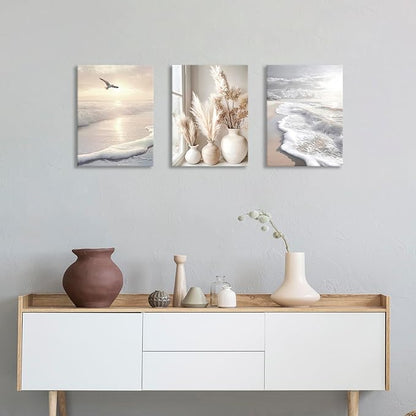 3 Pcs Beach Seaside Wall Art for Bedroom, Modern Beige Reeds Botanical Wall Picture Aesthetic Nature Coastal Sunset Landscape Wall Painting Poster Art Prints for Bedroom Office Home Decor 16"x24"x3Pcs