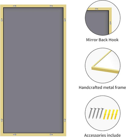 COFENY 30x55In Gold Bathroom Mirror for Wall, Brushed Gold Rectangle Mirrors with Metal Frame, Bathroom Rectangular Mirror Modern Wall Mirror for Bedroom Living Room, Hangs Horizontal or Vertical