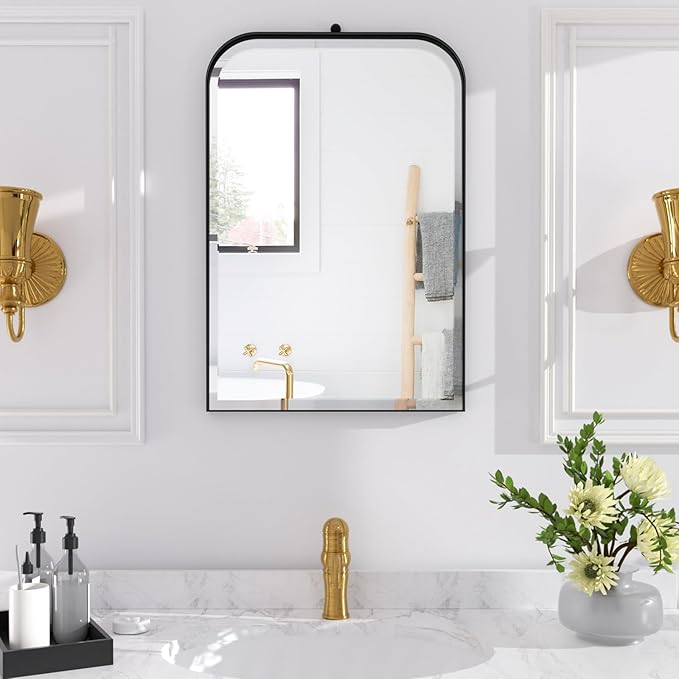 POZINO Bathroom Beveled Mirror, 20"x30" Rectangle Vanity Mirror for Over Sink, Modern Rounded Corner Oblong Mirrors, Aesthetic Wall Mirrors for Bedroom Living Room Entryway Fireplace