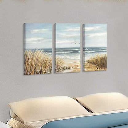 Abstract Beach Canvas Wall Art: Seashore Grasses Artwork Print Seascape Painting for Walls (26'' x 16'' x 3 Panels)