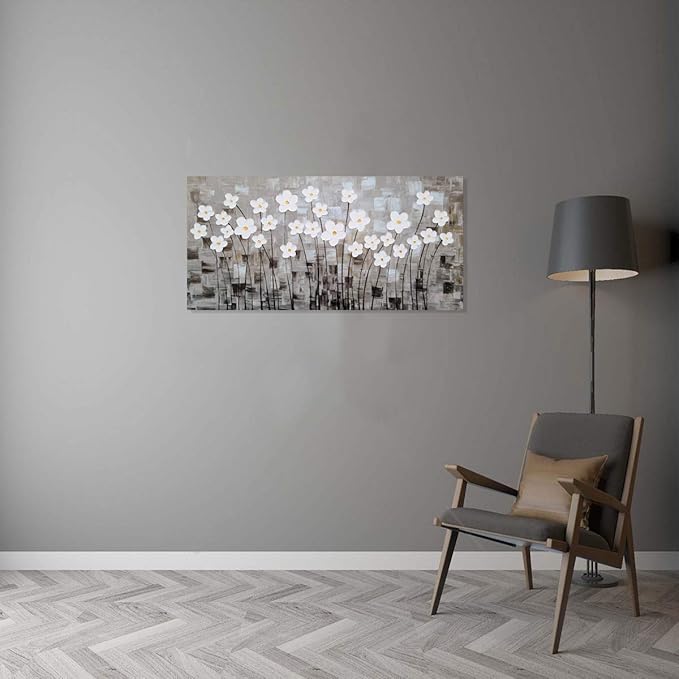 Yihui Arts Hand-Painted Textured White Floral Artwork on Gray Abstract Background - Modern 3D Flower Oil Painting for Living Room, Bedroom, Home Decor