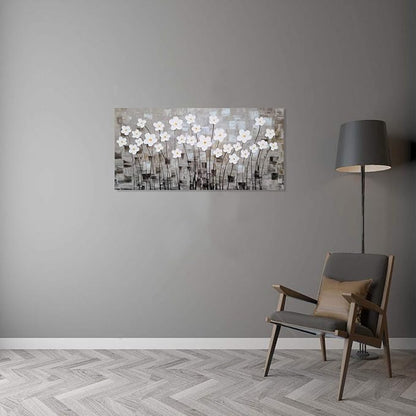 Yihui Arts Hand-Painted Textured White Floral Oil Painting on Canvas, Modern Gray Abstract Background Wall Art for Living Room Bedroom, Thick Textured Floral Decor