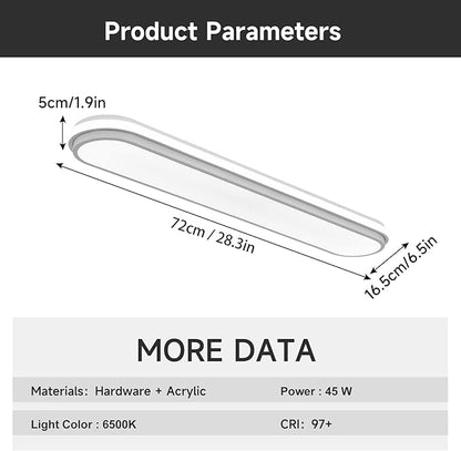 72cm 45W LED Ceiling Light, 6500K Cool White Flush Mount, Modern Ultra Thin Metal Linear Low Profile Lighting Fixture for Kitchen Home Office Hallway Bedroom Living Room