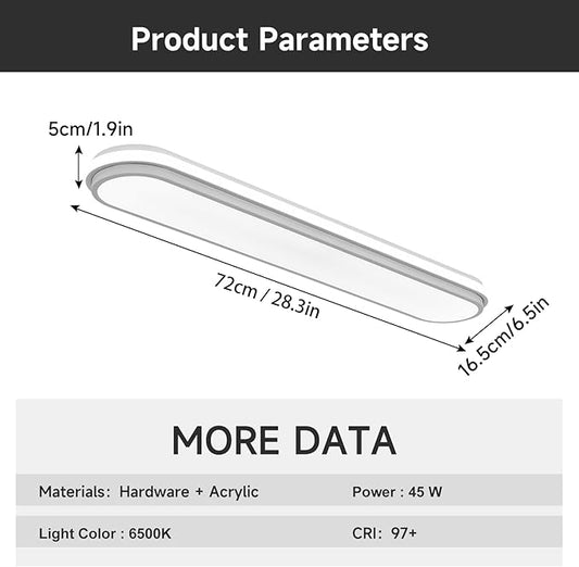 72cm 45W LED Ceiling Light, 6500K Cool White Flush Mount, Modern Ultra Thin Metal Linear Low Profile Lighting Fixture for Kitchen Home Office Hallway Bedroom Living Room