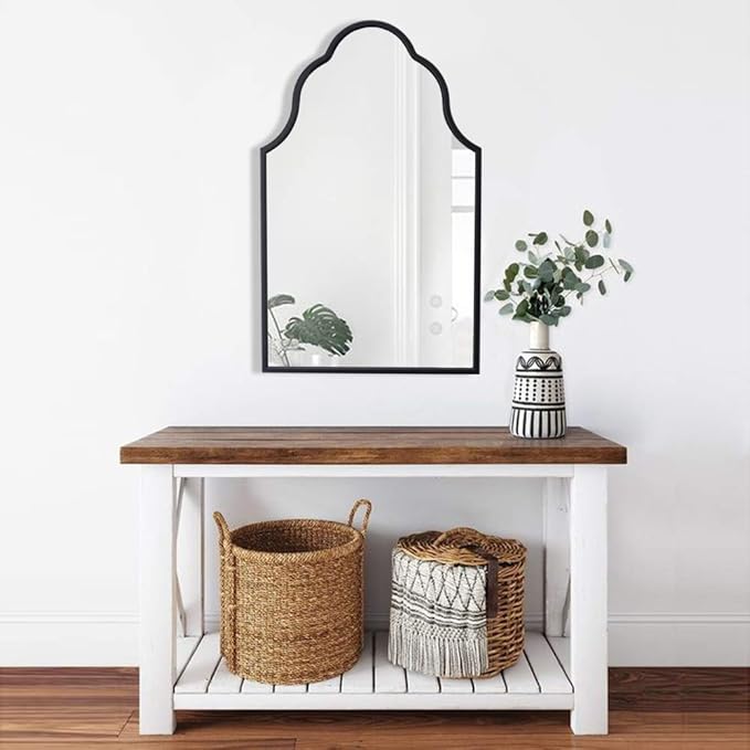 Chende Black Bathroom Mirror for Over Sink, 32"X20" Arched Mirrors with Scalloped Wooden Frame, Elegant Decorative Mirror for Living Room, Dining Room, Entryway