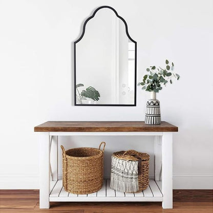 Chende Black Bathroom Mirror for Over Sink, 32"X20" Arched Mirrors with Scalloped Wooden Frame, Elegant Decorative Mirror for Living Room, Dining Room, Entryway