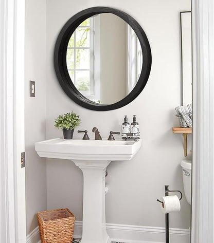 JJUUYOU Round Wall Mirror Circular Wall Mounted Mirror for Bathroom Large Black Circle Mirror for Decor Wooden Hanging Mirror for Farmhouse Living Room Bedroom 24Inch