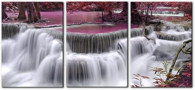 Pacimo Red Forest Canvas Wall Art 3-Piece Waterfall Canvas Print Set - Landscape - 20"x28"x3 Panel - Ready to Hang - Home & Office Decor
