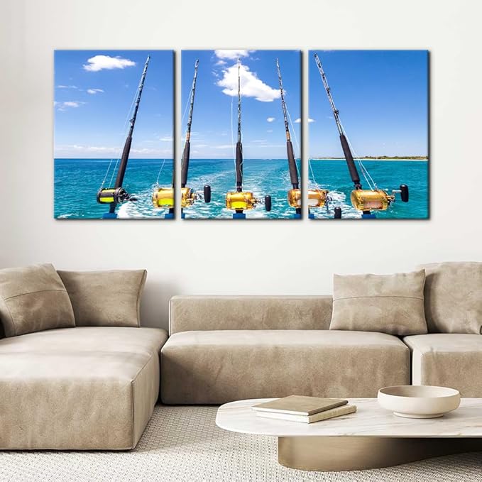 3 Pieces Canvas Wall Art Row of Five Fishing Rod and Reel Pictures Blue Seascape Wall Paintings for Living Room Bedroom Fishing Tackle Artwork HD Prints Modern Home Decor Framed - 20"x28"x3 Panel
