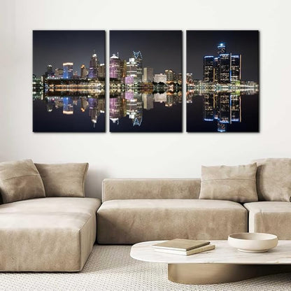 Pacimo 3 Pieces Panoramic Detroit Cityscape Picture Black and White Michigan Night Skyline Canvas Art Prints Wall Decoration for Bedroom Office Stretched and Framed Ready to Hang - 20"x28"x3 Panels