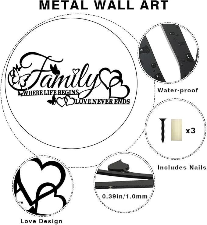 BFORXRO Family Signs for Home Decor Wall Black Metal Wall Art Family Wall Decor for Living Room Bedroom Kitchen