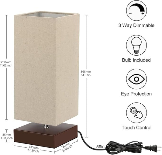 Touch Control Table Lamp Bedside 3 Way Dimmable Touch Desk Lamp Modern Nightstand Lamp with Square Fabric Lamp Shade Simple Night Light for Bedroom Living Room Office, Led Bulb Included