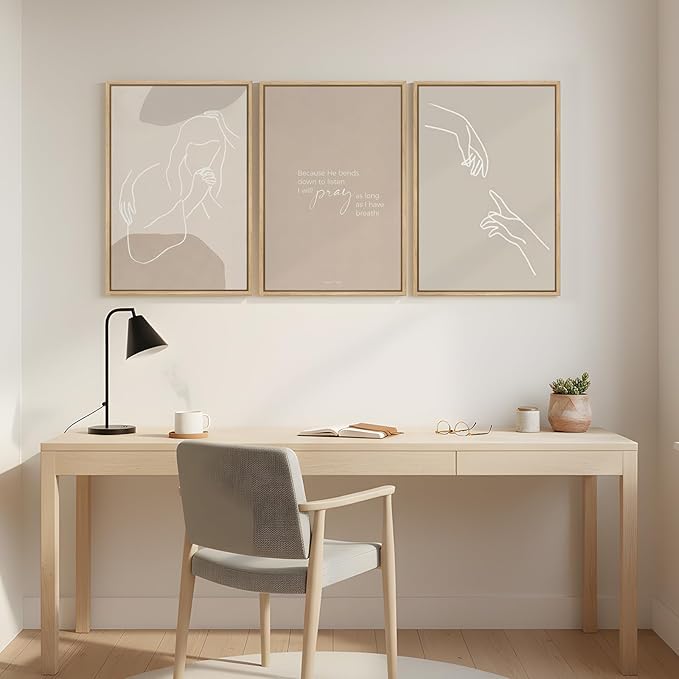 Framed Christian Wall Art Set of 3, Minimalist Neutral Beige Scripture Prints, Psalm 116:2 Modern Line Artwork for Living Room Bedroom Office Prayer Room, 16x24 Inch