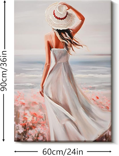 Poemwish Floral Woman Wall Art, Vintage Coastal Oil Painting with Red Hat & White Dress, Oil Texture Paintings Wall Decor in Soft Blue Tones, Impressionist Beach Scene with Pink Flowers