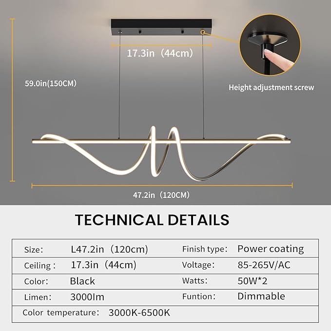 Modern LED Chandelier Light, 47IN Pendant Light Fixtures Dimmable with Remote Control 3000k-6500K Adjustable Color Temperature, Aluminum Island Lighting Lamp for Dining Room, Living Room, Island