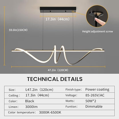 Modern LED Chandelier Light, 47IN Pendant Light Fixtures Dimmable with Remote Control 3000k-6500K Adjustable Color Temperature, Aluminum Island Lighting Lamp for Dining Room, Living Room, Island