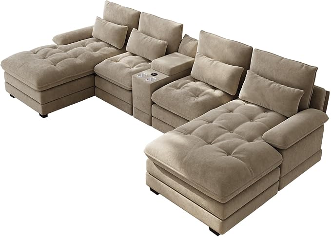 134"U Shaped Sectional Couches for Living Room,Oversized Modular Sectional Fluffy Couch with Chaise Lounge & Tufted Buttons,Modern Chenille 6 Seat Living Room Sofa Set with Storage Console,Camel