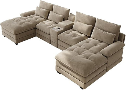 134"U Shaped Sectional Couches for Living Room,Oversized Modular Sectional Fluffy Couch with Chaise Lounge & Tufted Buttons,Modern Chenille 6 Seat Living Room Sofa Set with Storage Console,Camel