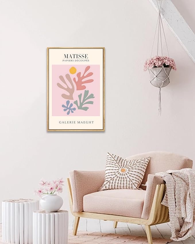 Zzuyi Henri Matisse Pink Framed Wall Art,Abstract Botanical Matisse Canvas Wall Decor,Minimalist Classic Decor Aesthetic for Living Room,Bedroom,Bathroom 16x24in