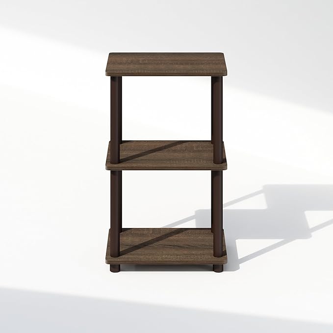 Furinno Turn-N-Tube Side Table, 2-Tier End Table with Open Shelf, Easy Assembly Night Stand, Bedside Table with Round Poles, for Living Room, Bedroom, Walnut
