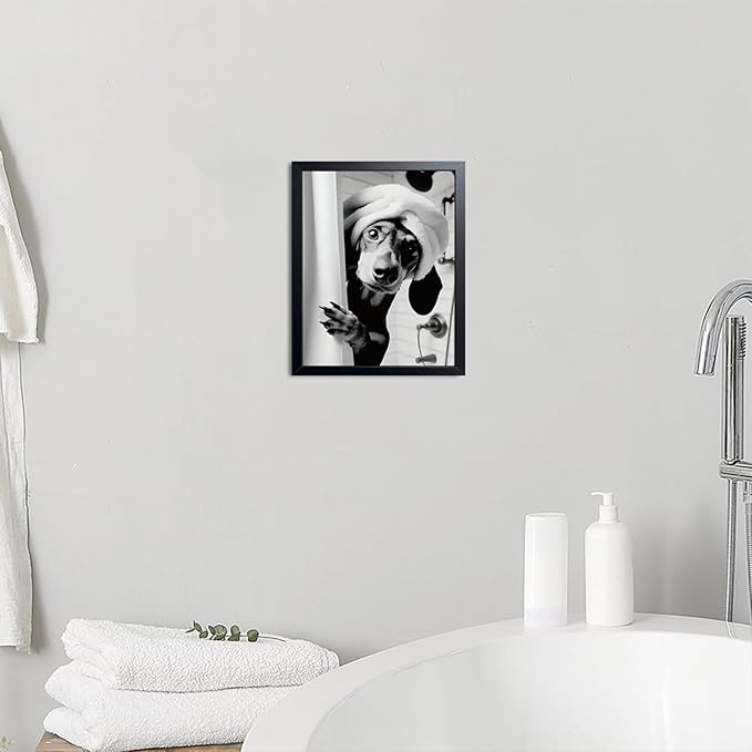 XYHYRA Black and White Bathroom Wall Art, Funny Dachshund Canvas Prints Poster, Cute Animal Wall Decor Picture, Modern Farmhouse Restroom Bathroom Home Decoration 16x24 Inch Wood Framed