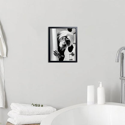 XYHYRA Black and White Bathroom Wall Art, Funny Dachshund Canvas Prints Poster, Cute Animal Wall Decor Picture, Modern Farmhouse Restroom Bathroom Home Decoration 8x10 Inch Wood Framed