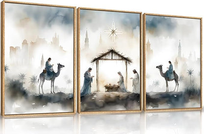 DRACIT Large Catholic Jesus Nativity Scene Framed Canvas Wall Art Set,Watercolor Holy Birth of Jesus Wall Decor,Trendy Christian Religious Artwork for Living Room,Bedroom,Church-24 x36 x3