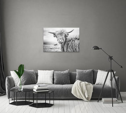 Black and White Cow Bull Yak Canvas Picture Wall Decor Farmhouse Baby Highland Cow Decor Bathroom Picture Wall Art Framed for Home Office (16x24 inch)