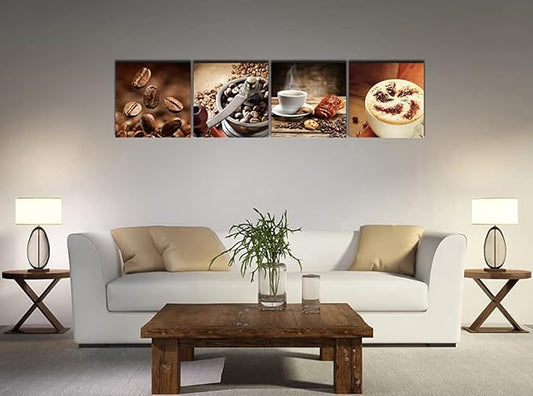 Wieco Art Warm Coffee Giclee Canvas Prints Wall Art Brown Bean Cup Pictures Paintings for Dining Room Kitchen Bar Home Decorations 4 Piece Large Modern Stretched and Framed Contemporary