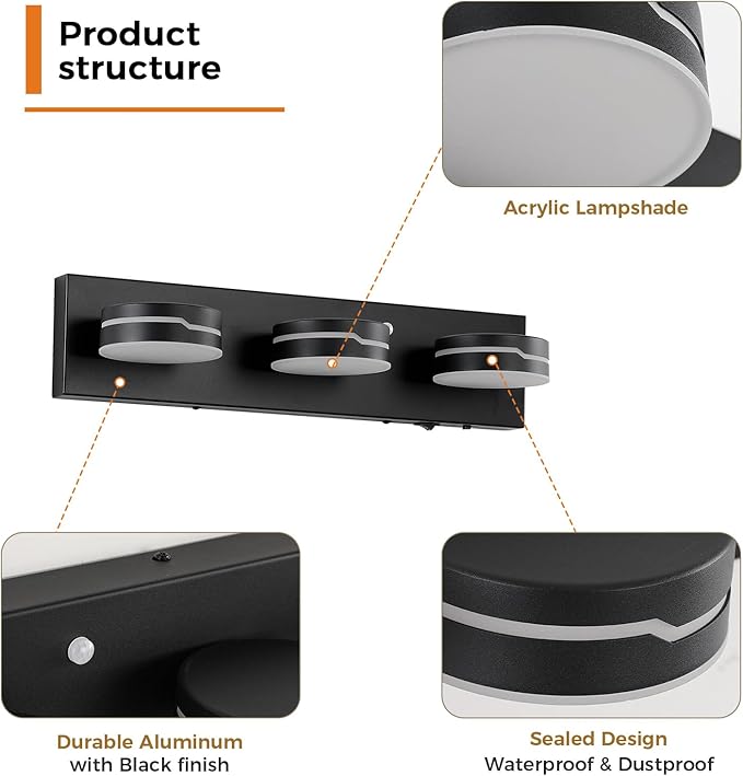 LED Modern Bathroom Lights Fixtures 3-Light Motion Sensor Vanity Light Matte Black Acrylic Wall Lighting,3CCT Vanity lamp for Bathroom Over Mirror with 350°Rotatable Acrylic Heads