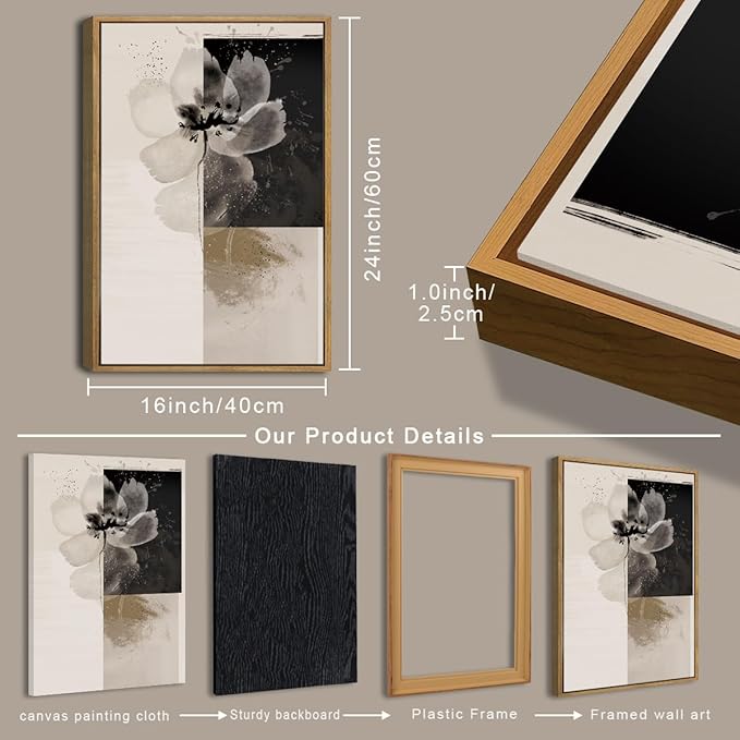 IARTTOP Framed Black Neutral Large Wall Art 16x24 Inch White Beige Abstract Floral Canvas Wall Decor Modern Minimalist Flower Paintings for Living Room Bedroom Dining room Set of 3