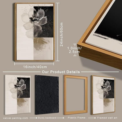 IARTTOP Framed Black Neutral Large Wall Art 16x24 Inch White Beige Abstract Floral Canvas Wall Decor Modern Minimalist Flower Paintings for Living Room Bedroom Dining room Set of 3