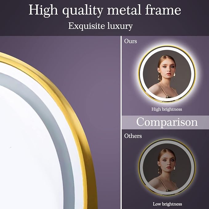 Gold Frame LED Round Mirror with Lights Smart Memory 3 Color Dimmable Anti-Fog 18 Inch Gold Framed Round Lighted Mirrors for Bathroom Wall Makeup Golden Circle Round Vanity Mirror with Light
